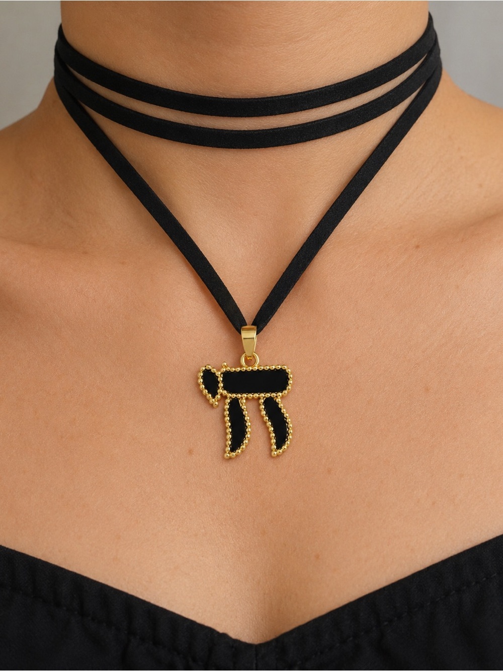 Elegant black chai Hebrew pendant 18k gold plated on black cord